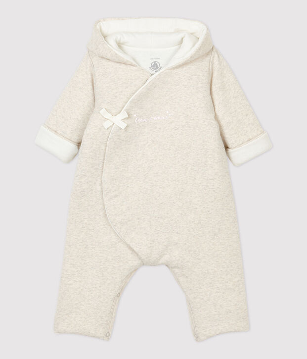 Combinaison longue grise chin&eacute;e &agrave; capuche b&eacute;b&eacute; en coton biologique beige