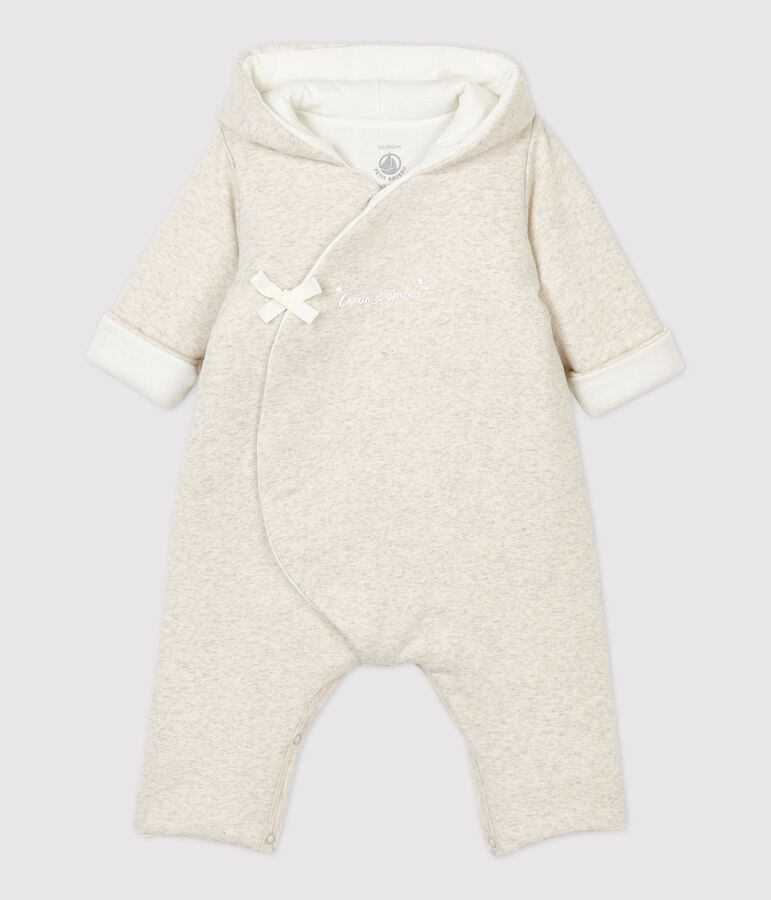 Combinaison longue grise chin&eacute;e &agrave; capuche b&eacute;b&eacute; en coton biologique beige MONTELIMAR CHINE