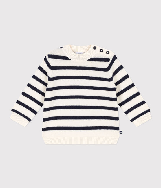 Pull en laine et coton rayé marinière bébé blanc MARSHMALLOW/bleu SMOKING