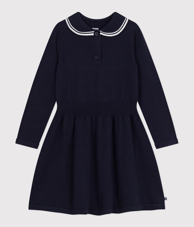 Robe enfant manches longues en coton bleu marine
