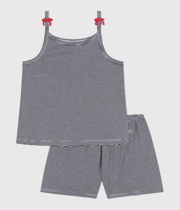 Pyjama short enfant en coton &agrave; bretelles &agrave; rayures bleu/blanc