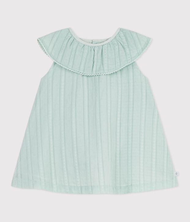 Robe b&eacute;b&eacute; en coton manches courtes, unie avec sa collerette vert