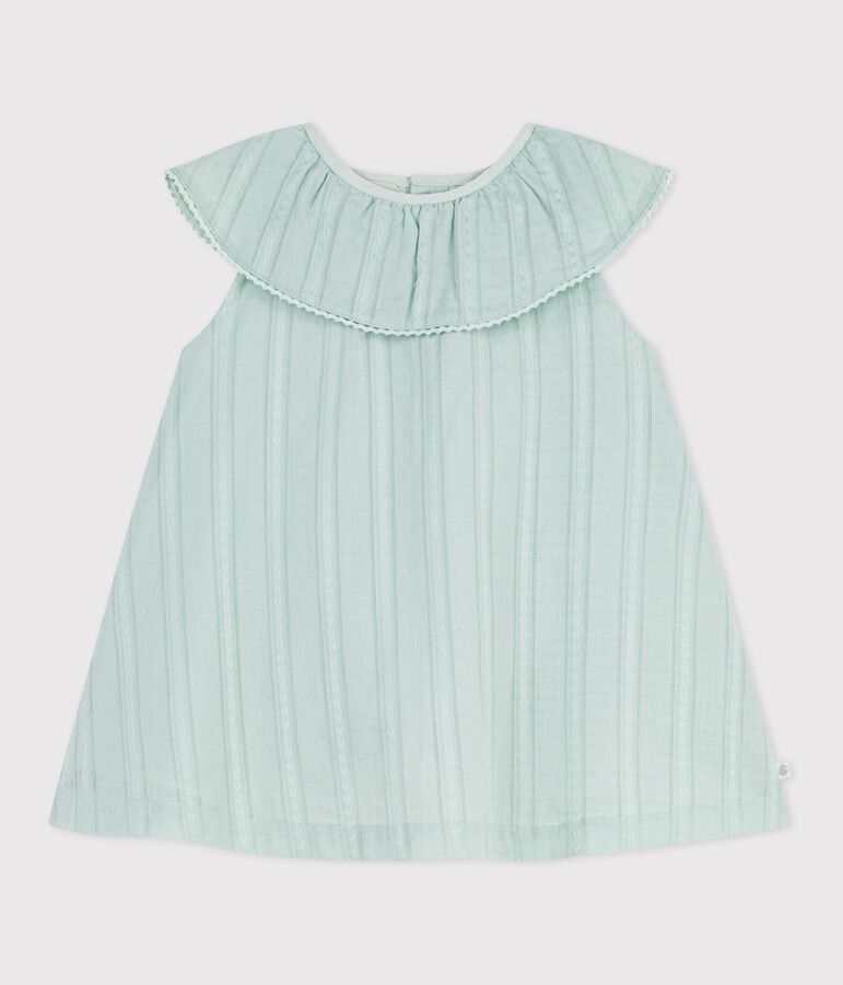 Robe b&eacute;b&eacute; en coton manches courtes, unie avec sa colerette bleu SPRAY