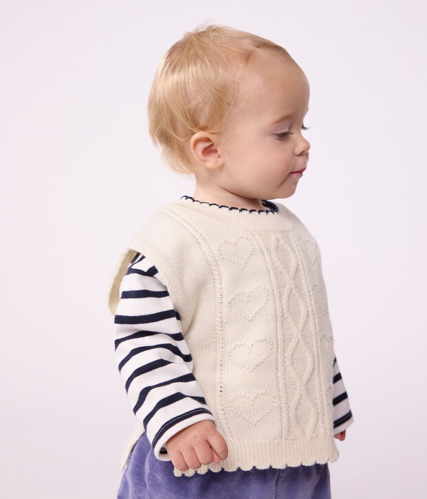 Pull b&eacute;b&eacute; en tricot laine et coton sans manches blanc