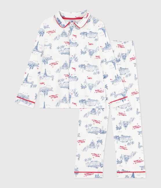 Pyjama enfant en coton boutonné imprimé Paris blanc MARSHMALLOW/blanc MULTICO