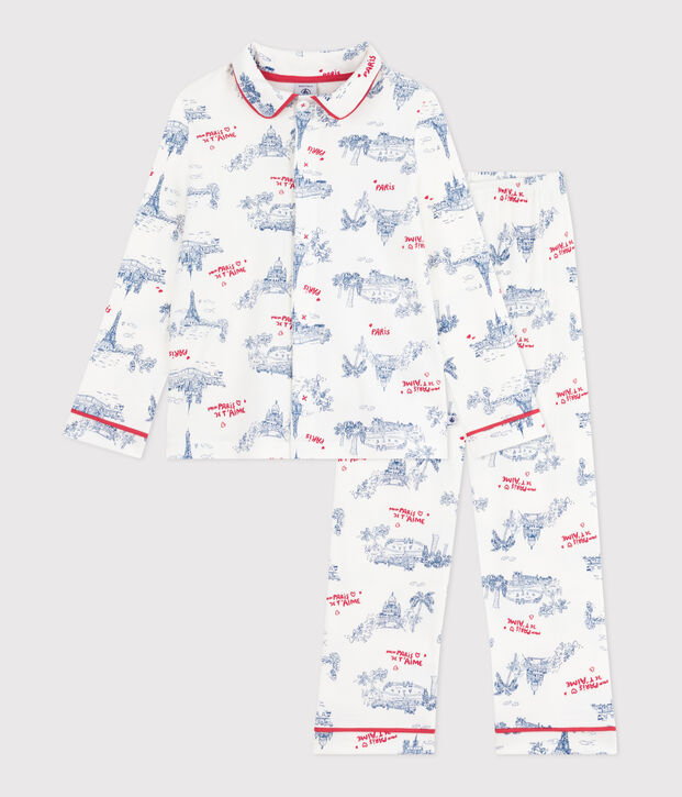 Pyjama enfant en coton boutonn&eacute; imprim&eacute; Paris blanc/multicouleur