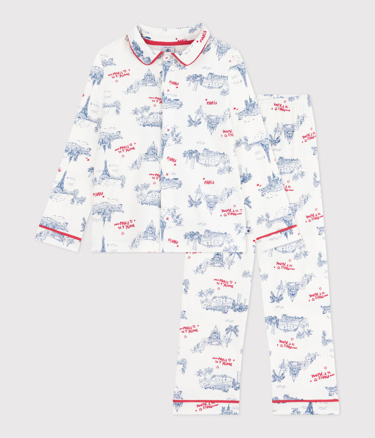 Pyjama enfant en coton boutonn&eacute; imprim&eacute; Paris blanc MARSHMALLOW/blanc MULTICO