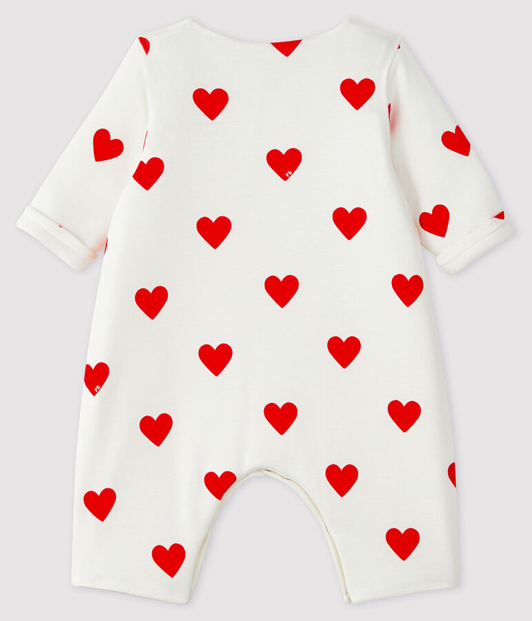 Combinaison longue c&oelig;urs rouges b&eacute;b&eacute; fille en c&ocirc;te blanc MARSHMALLOW/rouge TERKUIT