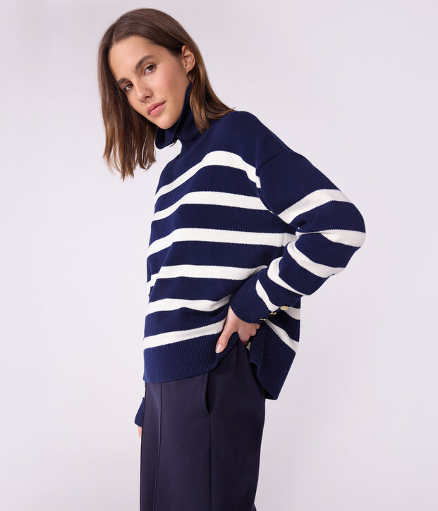 Pull col montant femme en laine et coton &agrave; rayures bleu/blanc