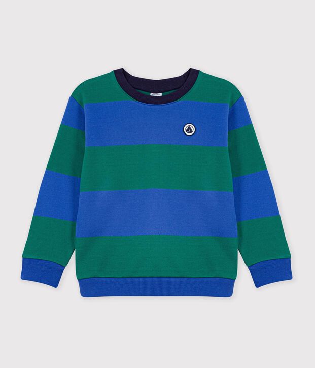 Sweatshirt enfant en coton &agrave; rayures bleu/vert
