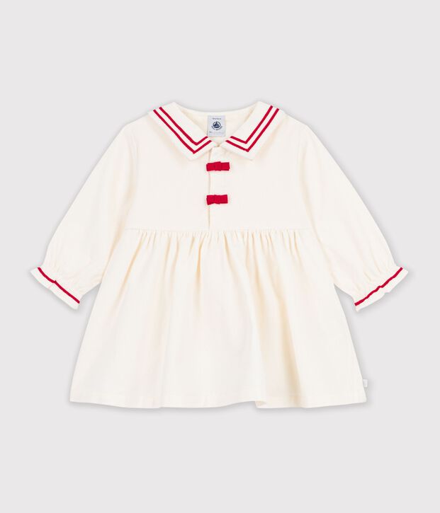 Robe b&eacute;b&eacute; en velours manches longues unie blanc cass&eacute;