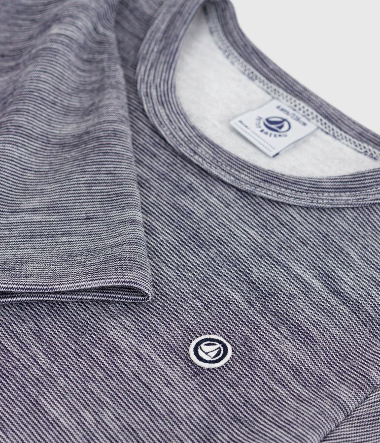 Tee-shirt enfant en laine et coton manches longues &agrave; rayures bleu SOIR/ MARSHMALLOW