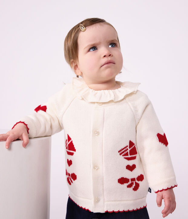 Cardigan b&eacute;b&eacute; en tricot laine et coton et motifs jacquards blanc/rouge