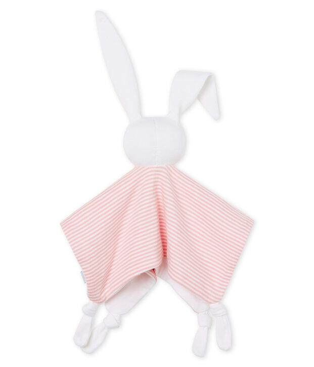 Doudou lapin b&eacute;b&eacute; en c&ocirc;te rose/blanc