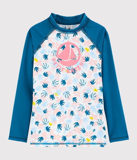 Tee-shirt anti-uv recyclé enfant fille bleu MYKONOS/écru MULTICO