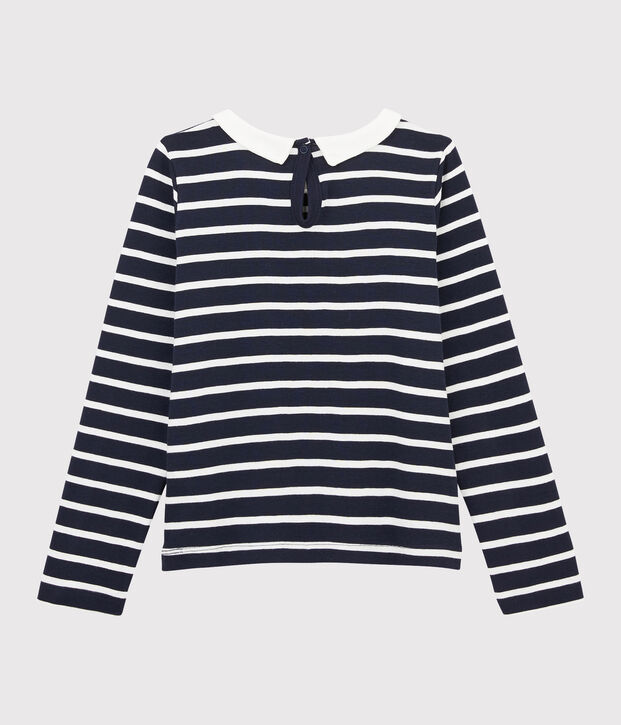 Tee-shirt col claudine enfant fille bleu/blanc