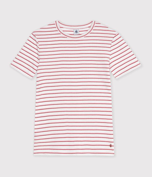 Tee-shirt femme en coton manches courtes &agrave; rayures blanc/rouge