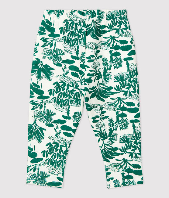 Pantalon imprimé végétal en molleton bébé blanc MARSHMALLOW/vert GAZON