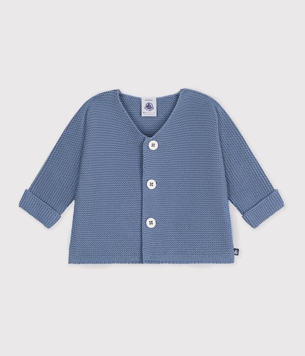 Cardigan b&eacute;b&eacute; tricot point mousse en coton uni bleu