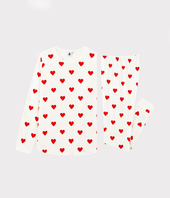 Pyjama fille-femme imprimé cœurs en côte blanc MARSHMALLOW/rouge TERKUIT