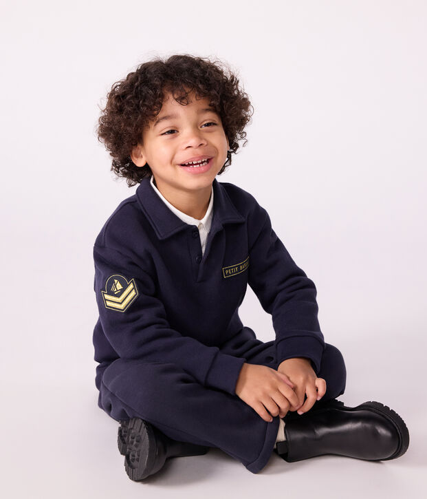Sweatshirt esprit polo enfant en coton uni bleu