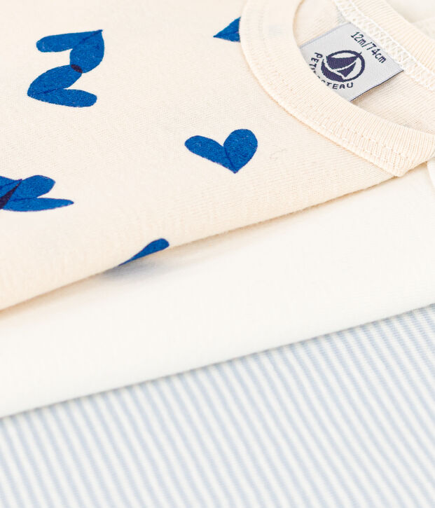 Lot de 3 bodies manches longues c&oelig;urs bleus b&eacute;b&eacute; en coton multicouleur