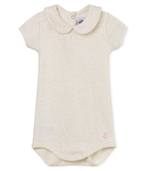 Body manches courtes col claudine brillant b&eacute;b&eacute; fille blanc/rose