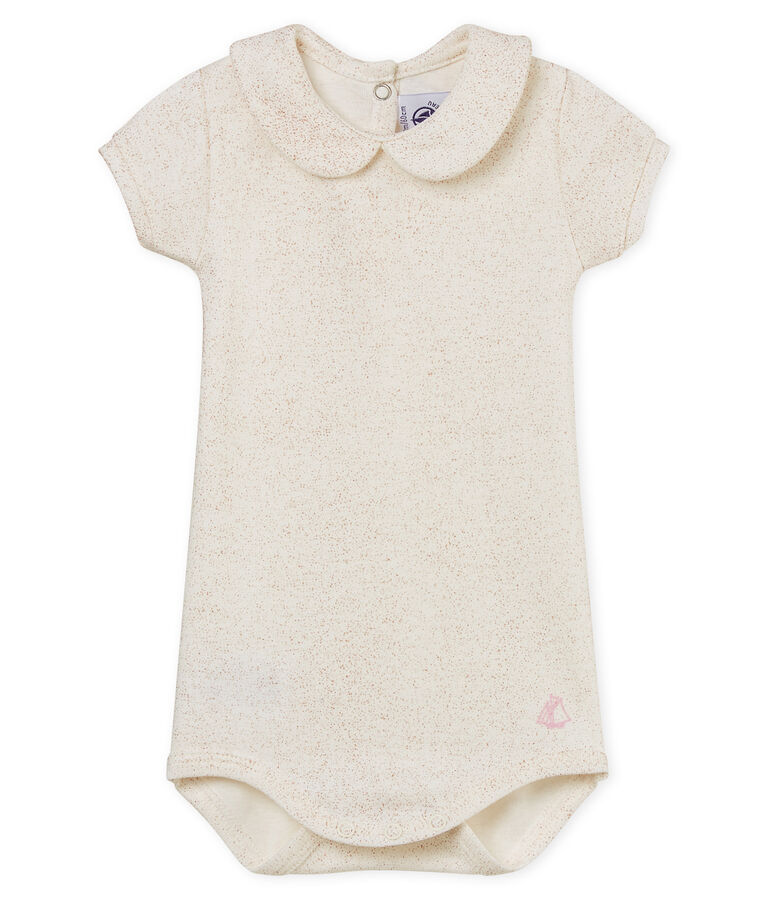 Body manches courtes col claudine brillant b&eacute;b&eacute; fille blanc/rose