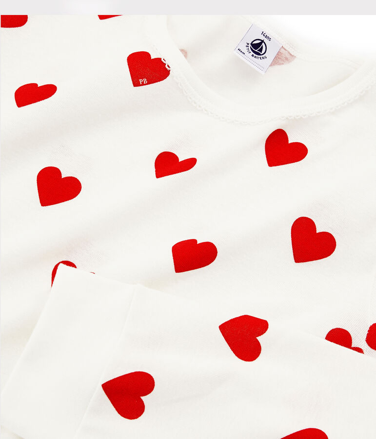 Pyjama fille-femme imprim&eacute; c&oelig;urs en c&ocirc;te blanc/rouge