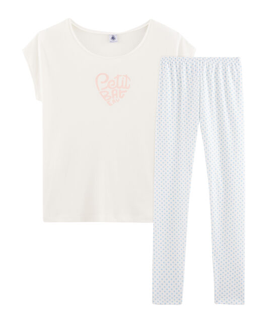 Pyjama fille en côte blanc MARSHMALLOW/bleu JASMIN