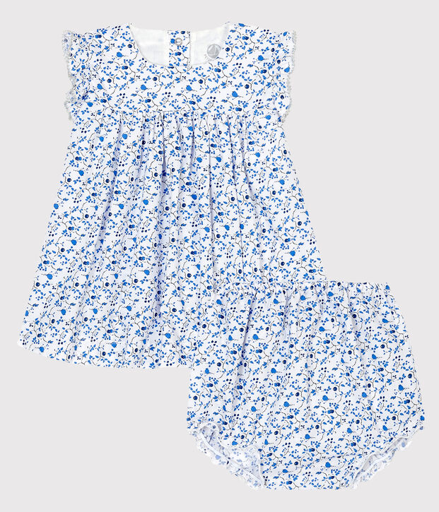 Robe avec bloomer fleurs bleues b&eacute;b&eacute; fille en popeline blanc/multicouleur