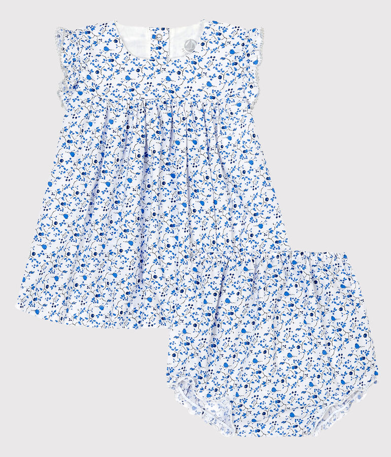 Robe avec bloomer fleurs bleues b&eacute;b&eacute; fille en popeline blanc MARSHMALLOW/blanc MULTICO