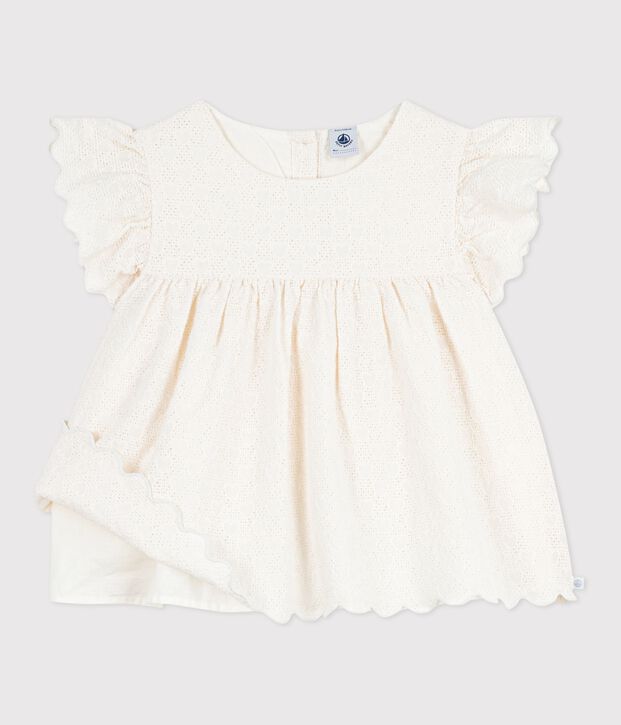 Blouse enfant en coton manches courtes motifs c&oelig;urs blanc