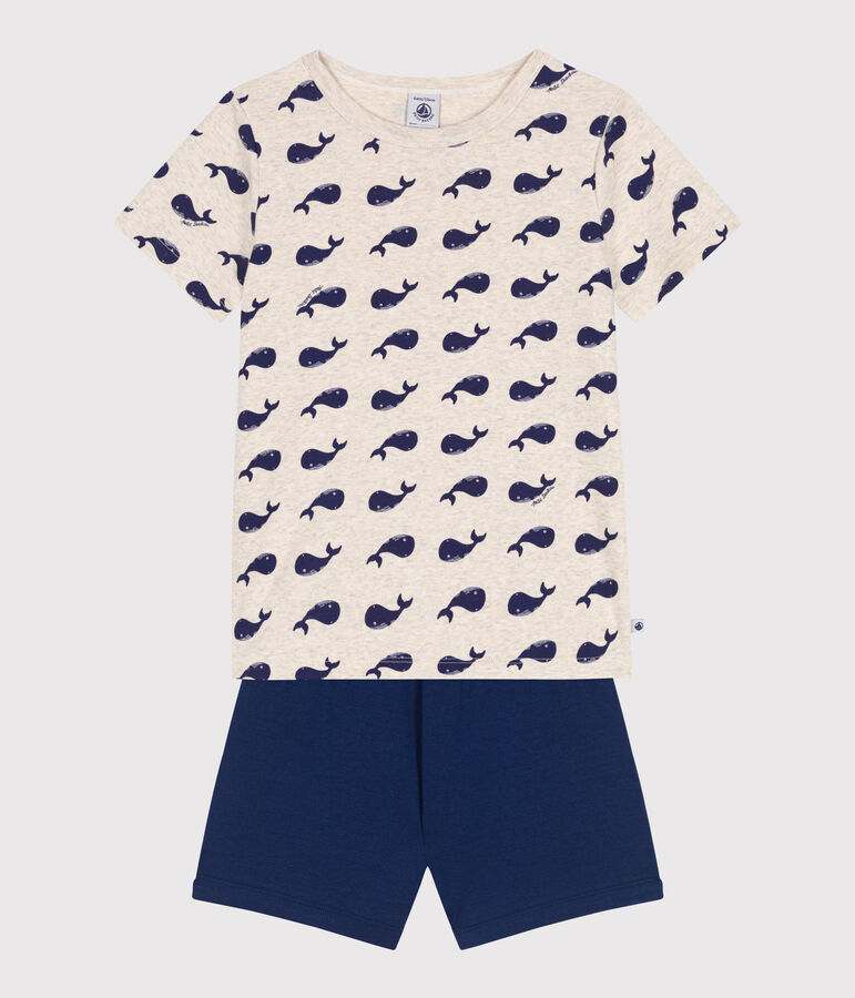 Pyjama short enfant en coton imprim&eacute; baleines bleu MEDIEVAL/blanc MULTICO
