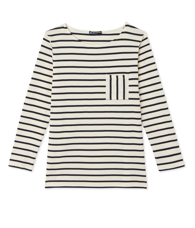 T-shirt femme manches longues en c&ocirc;te originale blanc/bleu