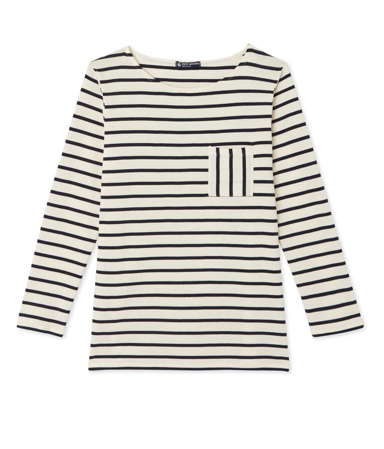 T-shirt femme manches longues en c&ocirc;te originale blanc/bleu