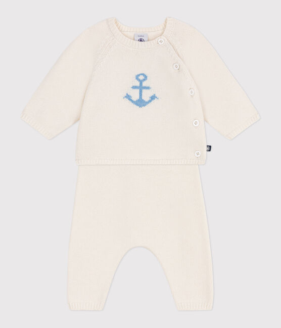 Ensemble bébé deux pièces en tricot laine et coton, jacquard blanc MARSHMALLOW
