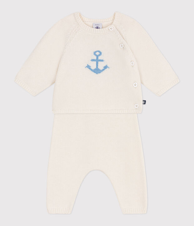 Ensemble b&eacute;b&eacute; deux pi&egrave;ces en tricot laine et coton, jacquard blanc