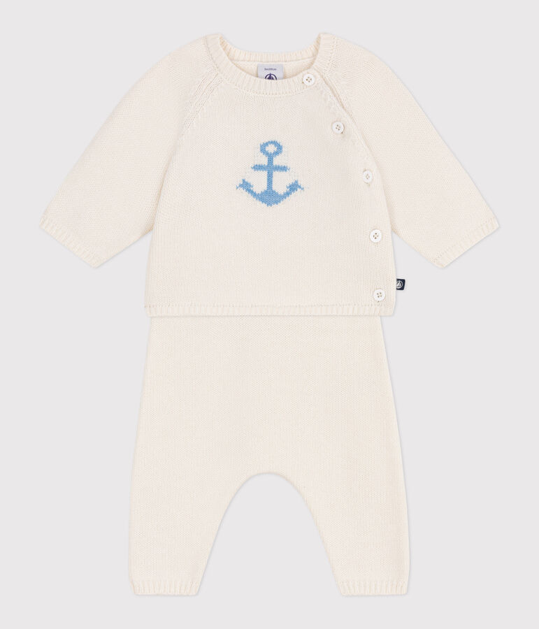 Ensemble b&eacute;b&eacute; deux pi&egrave;ces en tricot laine et coton, jacquard blanc MARSHMALLOW