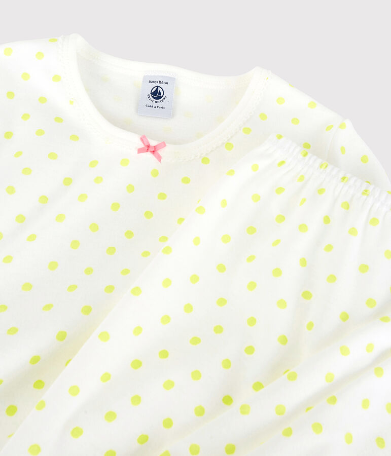 Pyjama &agrave; pois jaunes petite fille en coton blanc MARSHMALLOW/ SUNNY