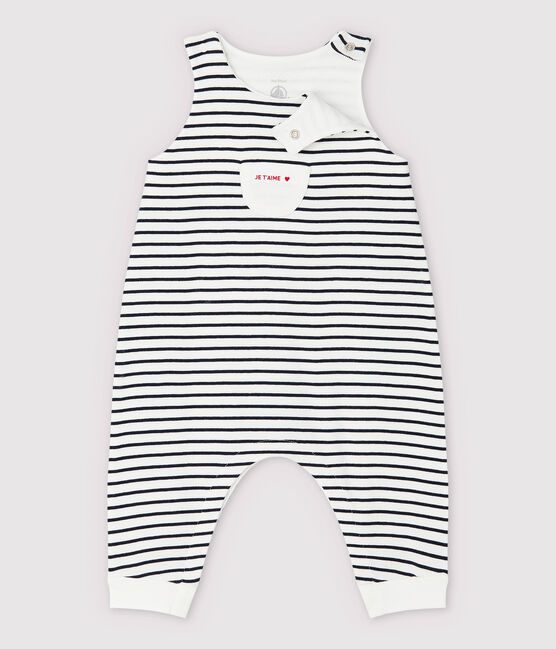 Salopette longue rayée bébé en coton biologique blanc MARSHMALLOW/bleu SMOKING