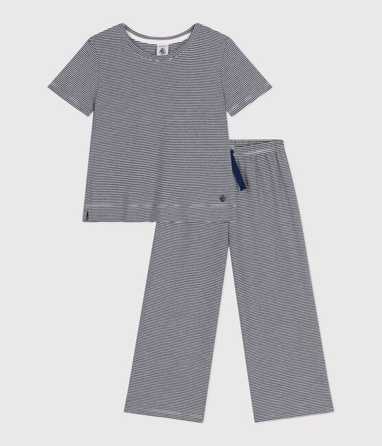 Pyjama enfant en coton manches courtes et jambes amples à rayures bleu SMOKING/blanc MARSHMALLOW