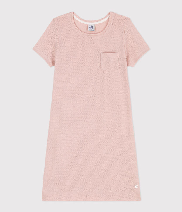 Chemise de nuit unie en coton ajour&eacute; petite fille rose