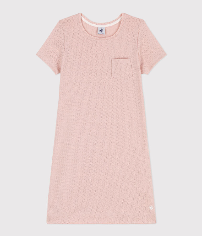 Chemise de nuit unie en coton ajour&eacute; petite fille rose