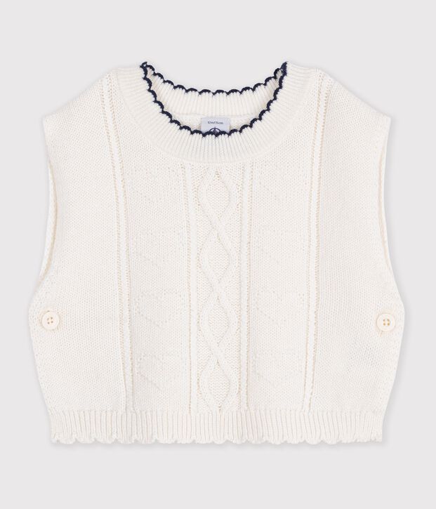 Pull b&eacute;b&eacute; en tricot laine et coton sans manches blanc