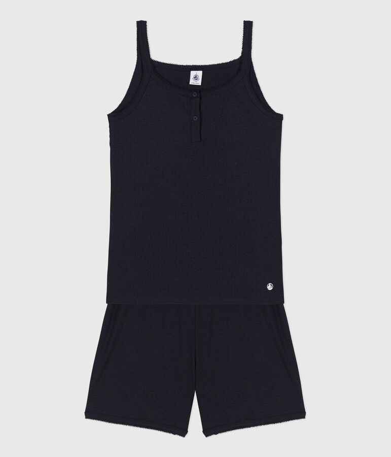 Pyjacourt &agrave; bretelles uni en coton et lyocell femme bleu SMOKING