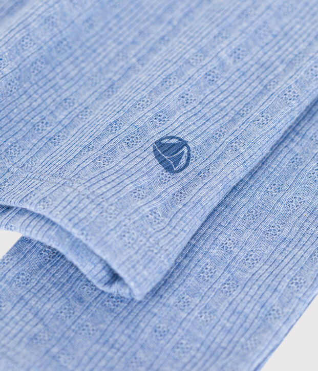 Tee-shirt manches longues col tunisien en c&ocirc;te d&eacute;saiguill&eacute;e unie uni femme bleu