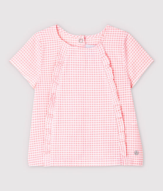 Blouse manches courtes en popeline bébé fille rose MINOIS/blanc MARSHMALLOW