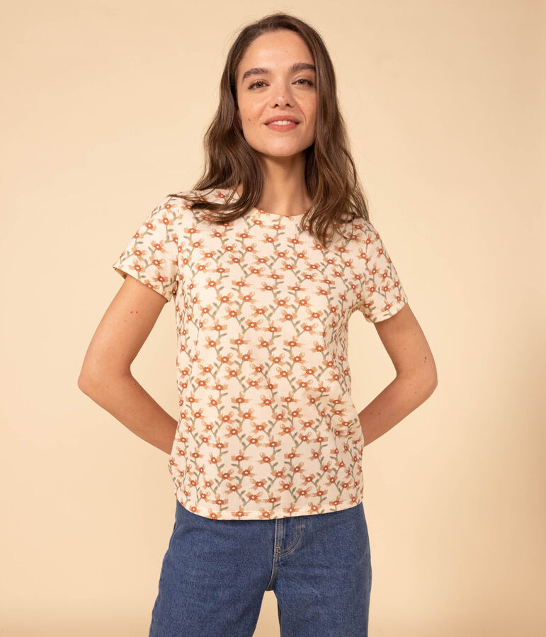 Tee-shirt LE DROIT col rond en coton Femme &eacute;cru/multicouleur