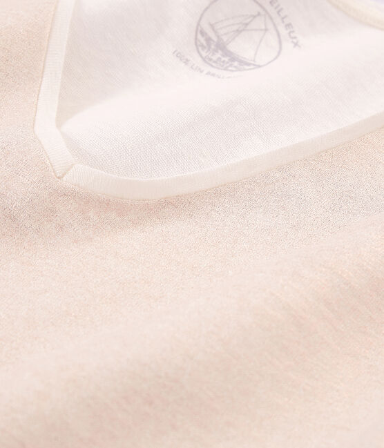 Tee-shirt manches courtes uni femme en lin irisé blanc MARSHMALLOW/rose COPPER